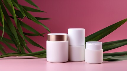 Set of cosmetic products. Palm thin leaf, soft magenta background. Mockup for logo or text.Generative ai. .