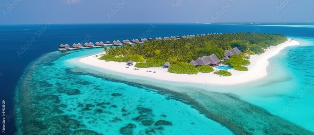 Aufkleber view of the island in the middle of the sea with clear blue water and green palm trees.aerial view. 