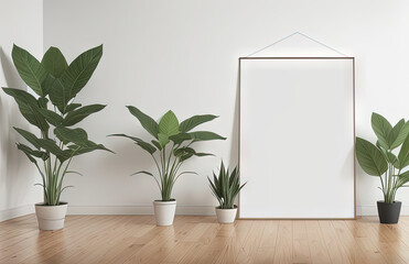 Blank poster mockup on wooden floor with plants Generative AI