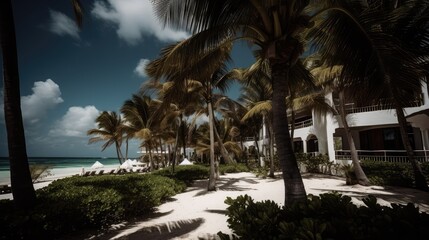A beautiful holiday resort in the sun with palms. Generative AI image