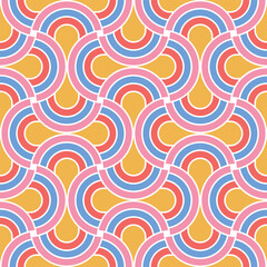 Seamless vector background. Retro summer 70s rainbow stripes pattern. Retro wave of the 80s art retro rainbow illustration.  Yellow, blue and pink are retro colors of the 1970s.