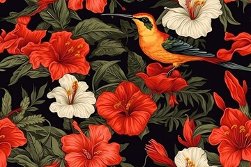 Seamless Hummingbird background pattern, blooming hibiscus with green leaves. Green background. Generative AI illustration.