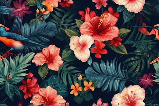 Seamless Hummingbird background pattern and blooming hibiscus. Generative AI illustration.