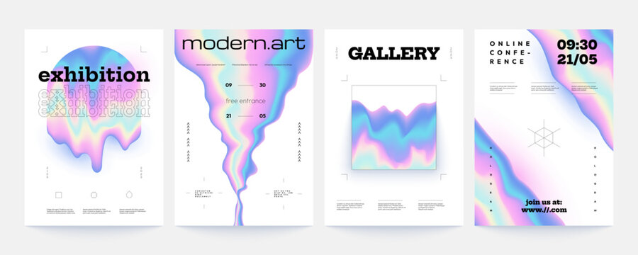 Hologram shapes banner. Modern abstract posters with cosmic geometric shapes, retro futuristic shiny liquid sci-fi forms for label and cover design. Vector set