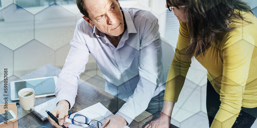 Poster coworkers having a business discussion, geometric pattern