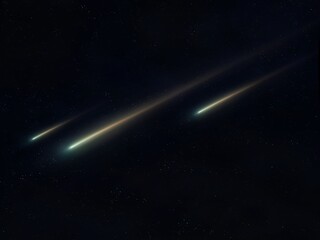 Obraz na płótnie Canvas Bright meteor trails. Three shooting stars at night. Glowing meteorites in the sky.
