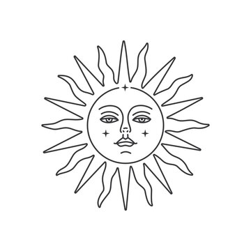 Bohemian illustration sun with face. Mystical element for logo design, tattoo, tarot card. 