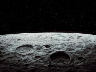 Panorama of the Moon. Surface of a planetary satellite, as seen from orbit. Rocky landscape with impact craters.