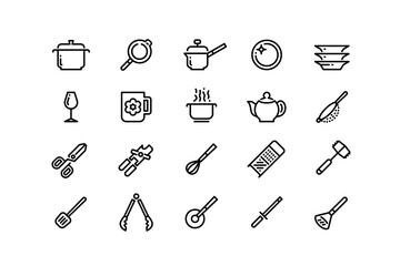 Kitchenware line icons. Clean dishes cooking pot frying pan grater colander wine glass tea pot cup sauce pan outline symbols. Vector cooking utensils set editable stroke
