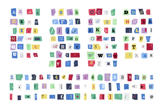 Ransom font. Colorful criminal uppercase and lowercase letters numbers and punctuation marks, cutout blackmail alphabet Vector anonymous typeface