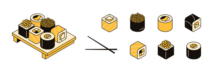 Traditional asian food, serving sushi on board. Collection of 3d seafood icons, japanese cuisine. Set of rolls with rice, salmon, fish, avocado and seaweed. Vector linear isometric illustration