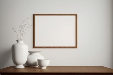 Minimalist White Wall Mockup, Brown Blank Picture Frame, White Vase, Generated by AI