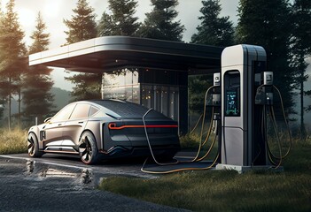 Fototapeta na wymiar Hydrogen and electric charger station with modern future car. Ecological energy for vehicles with zero emissions, H2 fuel plant. Green sustainable power with solar panels and battery. Generative AI
