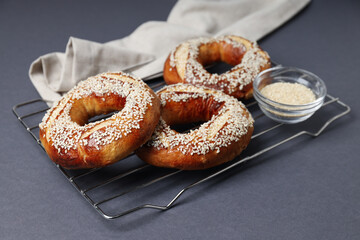 Concept of tasty food - bagel, tasty bakery products