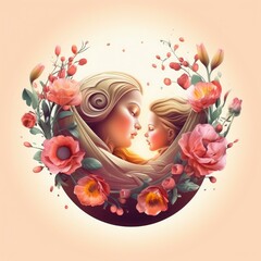 A digital illustration drawing of a woman and a baby with flowers. Generative AI