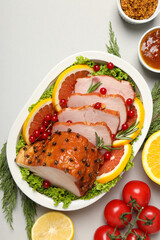 Concept of tasty food, ham, top view