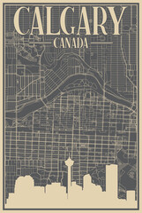 Colorful hand-drawn framed poster of the downtown CALGARY, CANADA with highlighted vintage city skyline and lettering