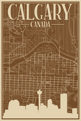 Colorful hand-drawn framed poster of the downtown CALGARY, CANADA with highlighted vintage city skyline and lettering