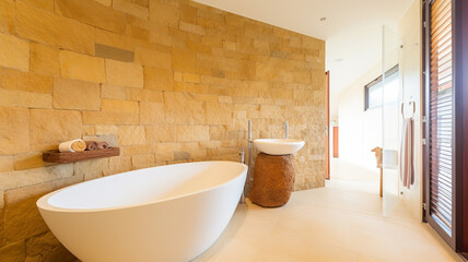 Naklejka na ściany i meble Escape to Tranquility: Spa-Like Bathroom with Freestanding Bathtub and Rain Shower