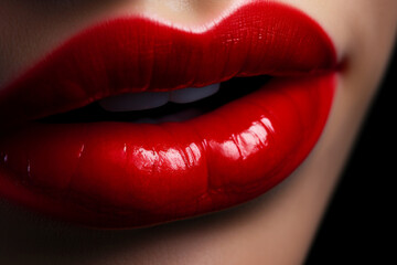 Obraz premium Beautiful sexy red lips, macro. Makeup concept. Generative AI