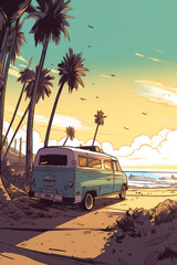 Poster or cover sandy parking lot, Van Life theme,  old rv,  motorhome, surfboards on beach. ai generative