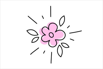 Minimal outline hand drawn flower with rays and leaves. Sketched womens girlish element. Childish drawing. Vector illustration.