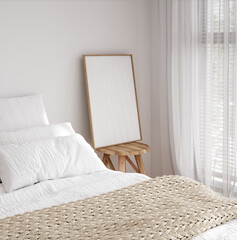 Fototapeta na wymiar Mockup frame in bedroom interior background, Coastal boho style, 3d render