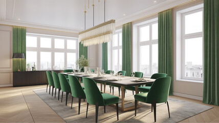 Timeless Elegance: Dining Room with Table, Upholstered Chairs, and Chandelier, Generative AI