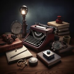 vintage typewriter on a desk with some books beside it ai generative illustration