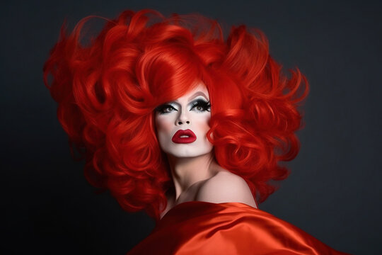 Portrait of drag queen wearing a red wig. AI