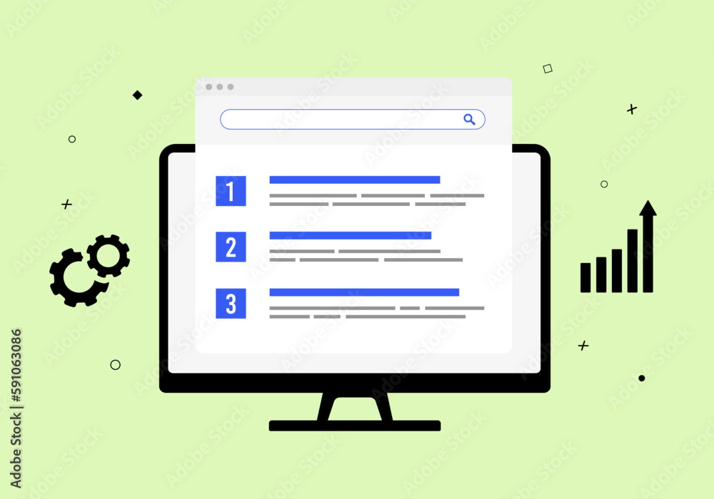 Poster seo ranking concept. search engine results page. search algorithm, top ranking with high-quality con