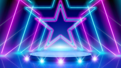 Obraz premium Neon stars, podium, stage light, led arcade. Background for awards ceremony. Pink blue purple glowing neon arch, lines, star. Backdrop for displaying products. Bright stage light. Vector illustration