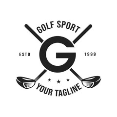 Sleek and stylish design for a golf merchandise company that features the letter G positioned between two golf clubs. Vintage retro design, golf tournament