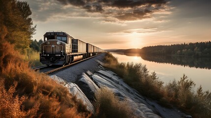 Freight train on a scenic landscape shipping large containers - obrazy, fototapety, plakaty