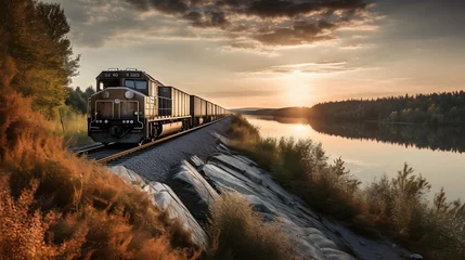 Tuinposter Freight train on a scenic landscape shipping large containers © Filip