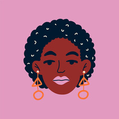 Portrait of a beautiful african american woman with curly hair and jewelry in her ears. Avatar of african female character isolated on background. Vector cartoon illustration Avatar for social network