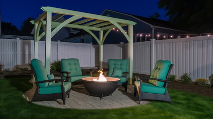 Relaxing Retreat: Cozy Backyard with Fire Pit and Pergola Seating, Generative AI