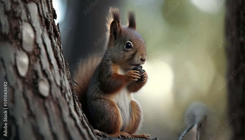 Poster wild and natural composition with a squirrel munching on a nut in the tree generative ai