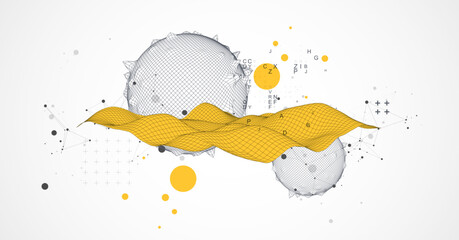 Sphere  theme with connected lines in technology style background. Wireframe illustration. Abstract 3d grid design.