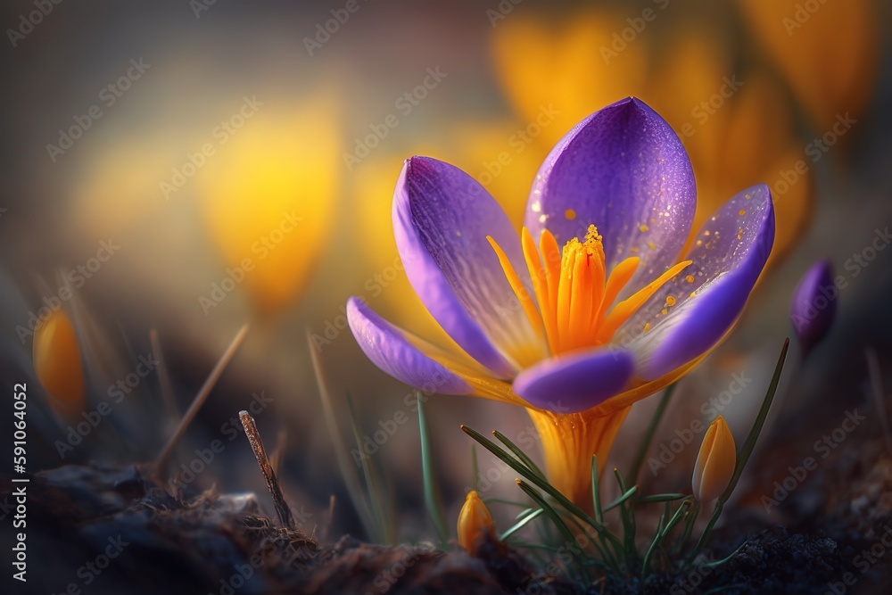 Poster saffron in the spring, with lovely bokeh effects. generative ai