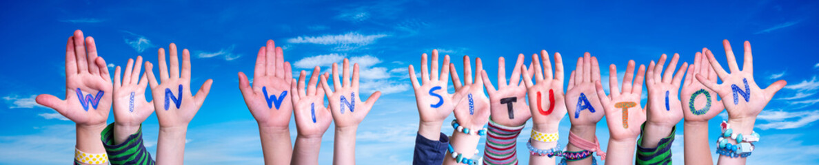 Children Hands Building Word Win Win Situation. Blue Sky