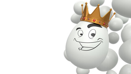 Group of flying farm white chicken eggs flying with funny face and crown on it