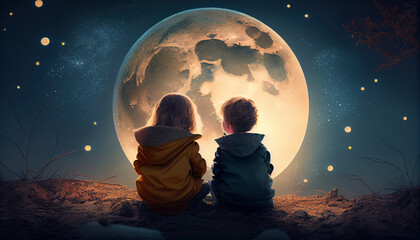 boy and girl sitting in moon background