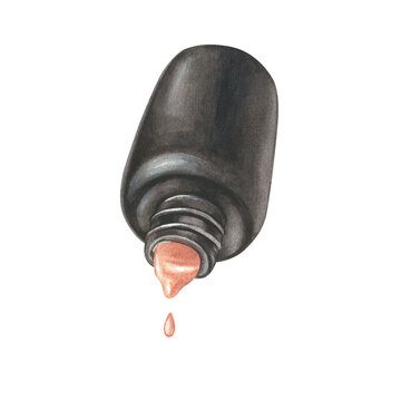 recommend clip art: Watercolor illustration. A black bottle of nail polish pours and drips. Isolated on a white background. For designing logos, social networks for manicurists, and postcards, posters, stickers