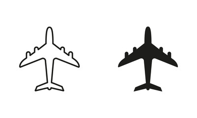 Airplane Line and Silhouette Black Icon Set. Aviation Jet, Air Plane Pictogram. Travel Tourism by Aircraft Outline and Solid Symbol Collection on White Background. Isolated Vector Illustration