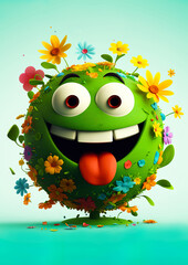 Earth Day. Green planet earth with eyes and mouth, Happy and smiling. Covered in plants and flowers. Ai generative