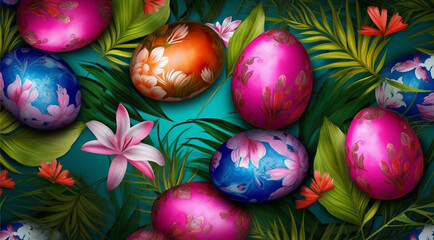 Fototapeta premium easter background, egg pattern, spring leaves and flowers, generative ai