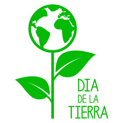 Logo con mapa de la tierra con forma de planta con hojas con letras palabra Día de la Tierra en texto en español