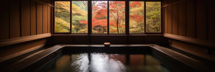 Japanese onsen ryokan. Japanese open-air baths using  hot water from geothermally heated springs. Tradaitonal style architecture ryokan. Wide format. Generative AI. 
