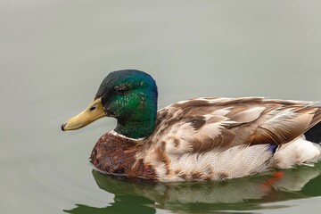 Closeup of adorable male mallard duck swimming in the lake